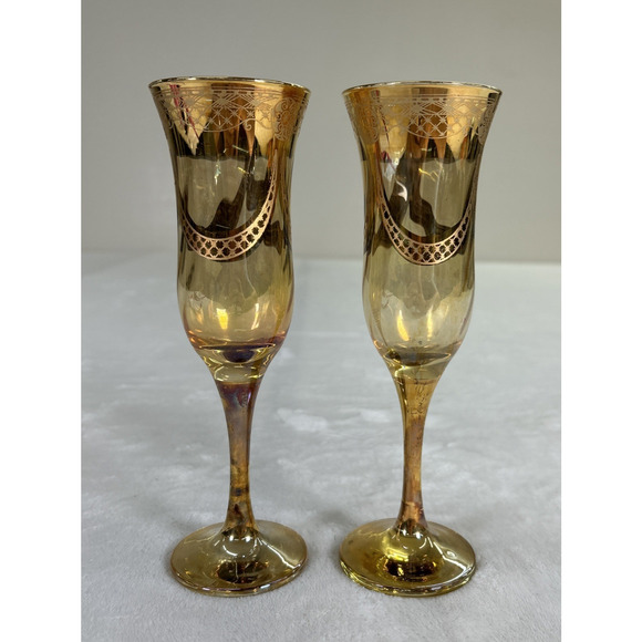 Amber Iridescent 8.25” Glass Flutes with Gold Patterned Overlay Heavy Charity - Picture 1 of 9